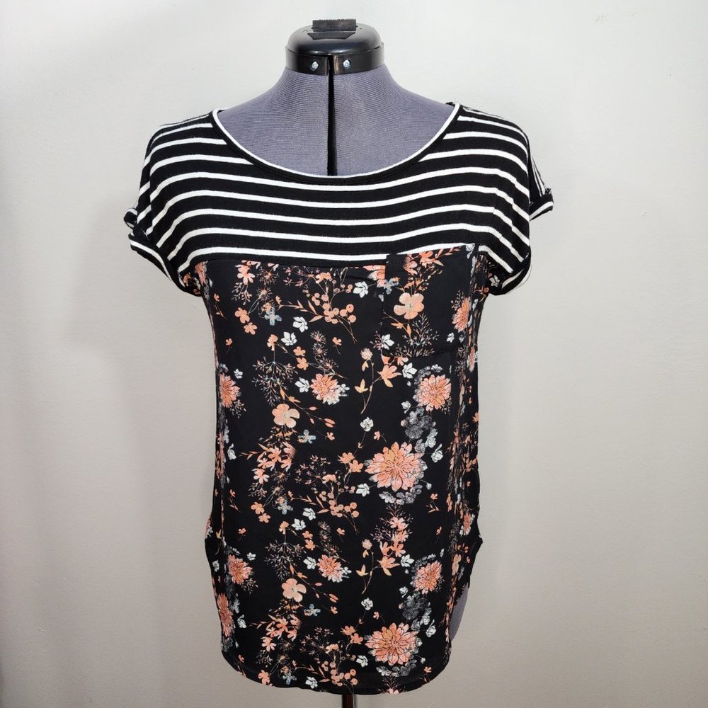 Rewind, Mixed Fabric, Floral & Striped Capped Sleeve Shirt